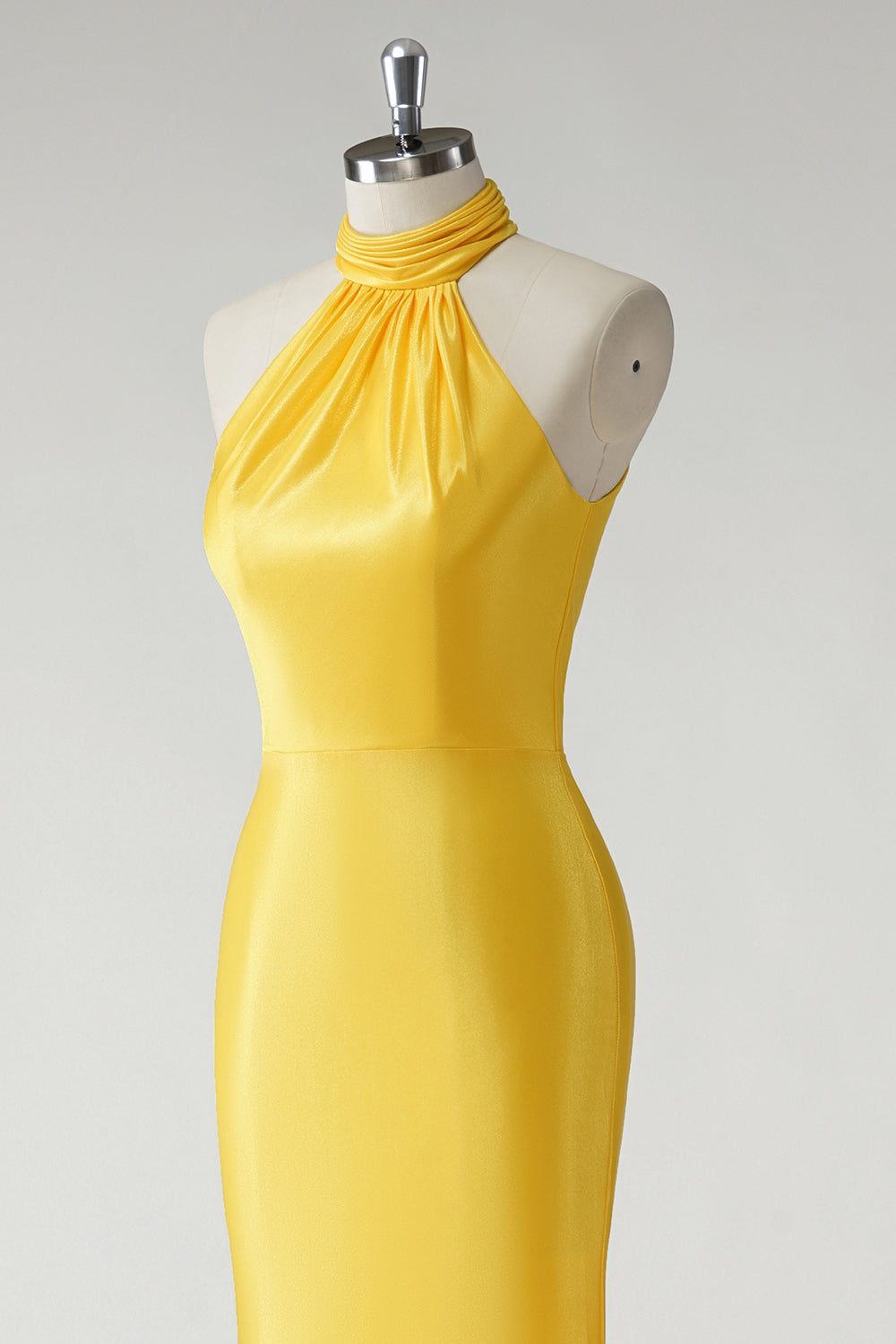 Yellow Mermaid Halter Satin Long Prom Dress