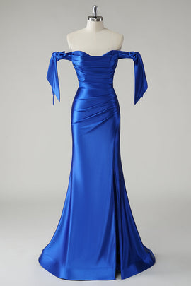 Royal Blue Mermaid Off the Shoulder Pleated Prom Dress