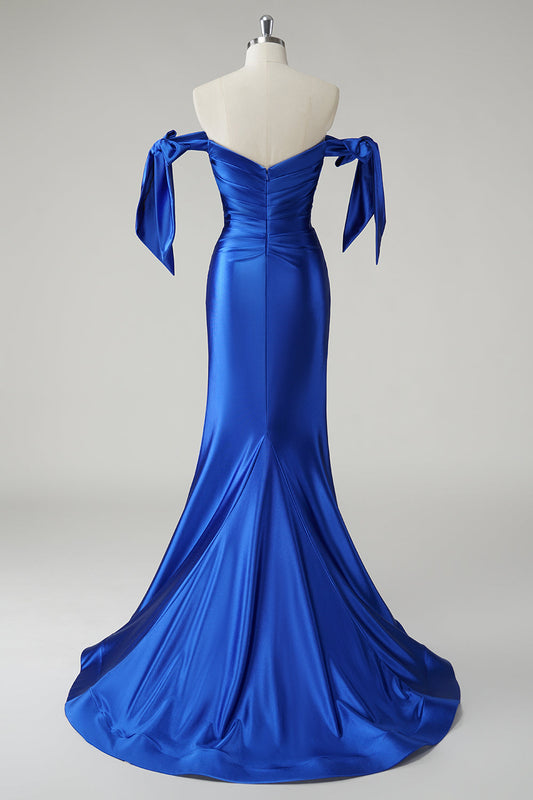 Royal Blue Mermaid Off the Shoulder Pleated Prom Dress