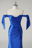 Royal Blue Mermaid Off the Shoulder Pleated Prom Dress