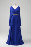 Royal Blue A-Line Beaded Chiffon Mother Dress with Cape