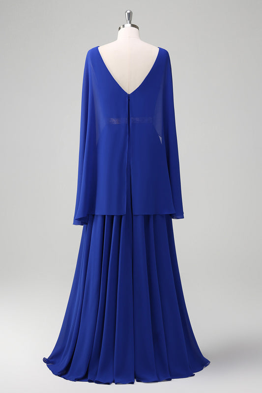 Royal Blue A-Line Beaded Chiffon Mother Dress with Cape