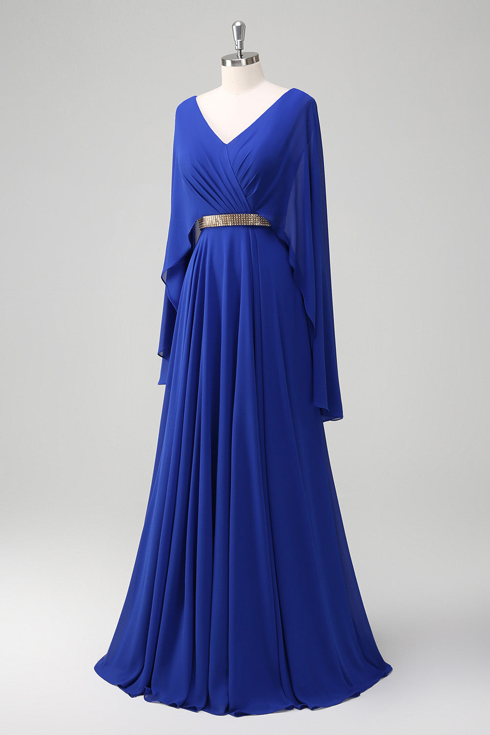 Royal Blue A-Line Beaded Chiffon Mother Dress with Cape