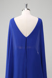 Royal Blue A-Line Beaded Chiffon Mother Dress with Cape