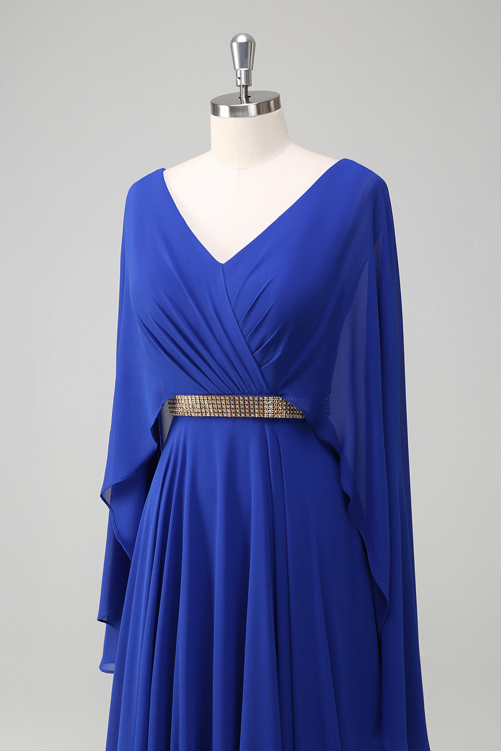 Royal Blue A-Line Beaded Chiffon Mother Dress with Cape