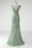 Green V-Neck Mermaid Appliques Sequins Cap Sleeves Mother of Bride Dress