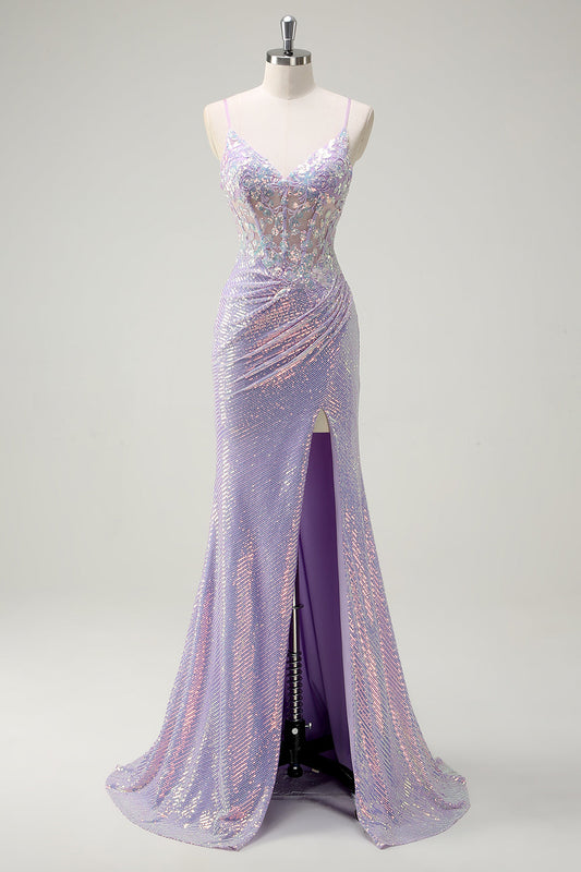 Sparkly Corset Lilac Mermaid Spaghetti Straps Prom Dress with Slit