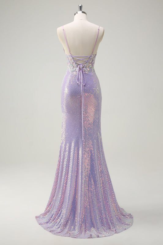 Sparkly Corset Lilac Mermaid Spaghetti Straps Prom Dress with Slit