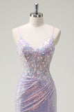 Sparkly Corset Lilac Mermaid Spaghetti Straps Prom Dress with Slit