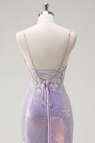 Sparkly Corset Lilac Mermaid Spaghetti Straps Prom Dress with Slit