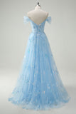 Sparkly Sky Blue Off The Shoulder A-Line Prom Dress with Slit