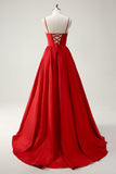 Red Ball-Gown Spaghetti Straps Lace Up Back Long Prom Dress with Slit