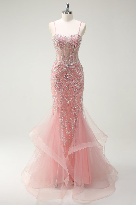 Sparkly Pink Mermaid Spaghetti Straps Corset Long Prom Dress