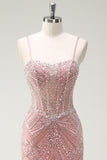 Sparkly Pink Mermaid Spaghetti Straps Corset Long Prom Dress