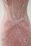 Sparkly Pink Mermaid Spaghetti Straps Corset Long Prom Dress