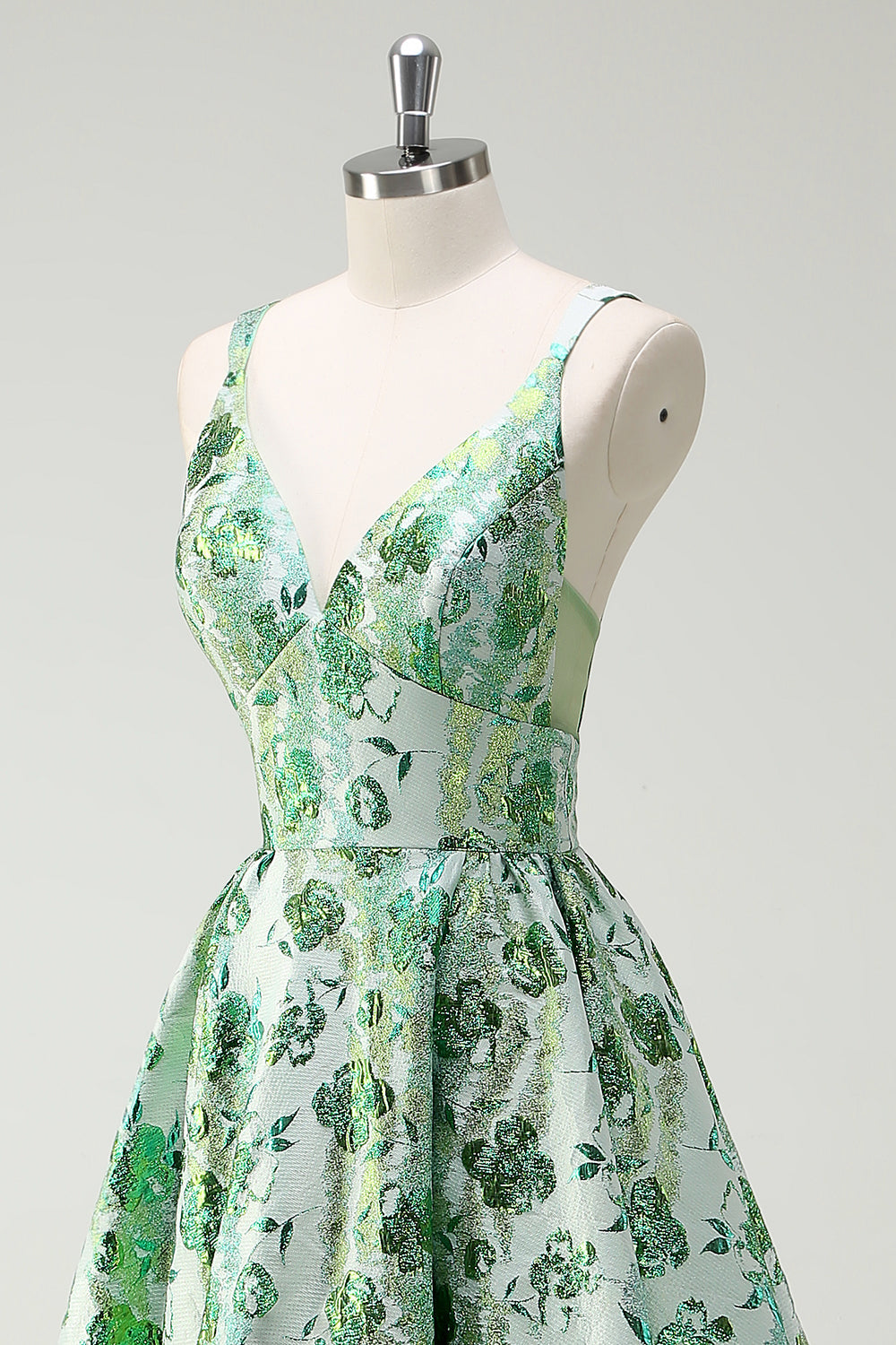 Sparkly Green Floral A-Line Spaghetti Straps Long Prom Dress