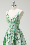 Sparkly Green Floral A-Line Spaghetti Straps Long Prom Dress