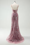 Sparkly Grey Purple Mermaid Spaghetti Straps Long Prom Dress With Sequins