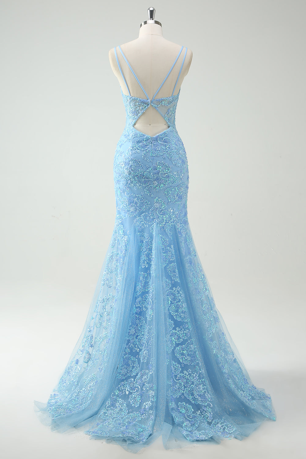 Sky Blue Mermaid Spaghetti Straps Appliqued Long Prom Dress with Slit