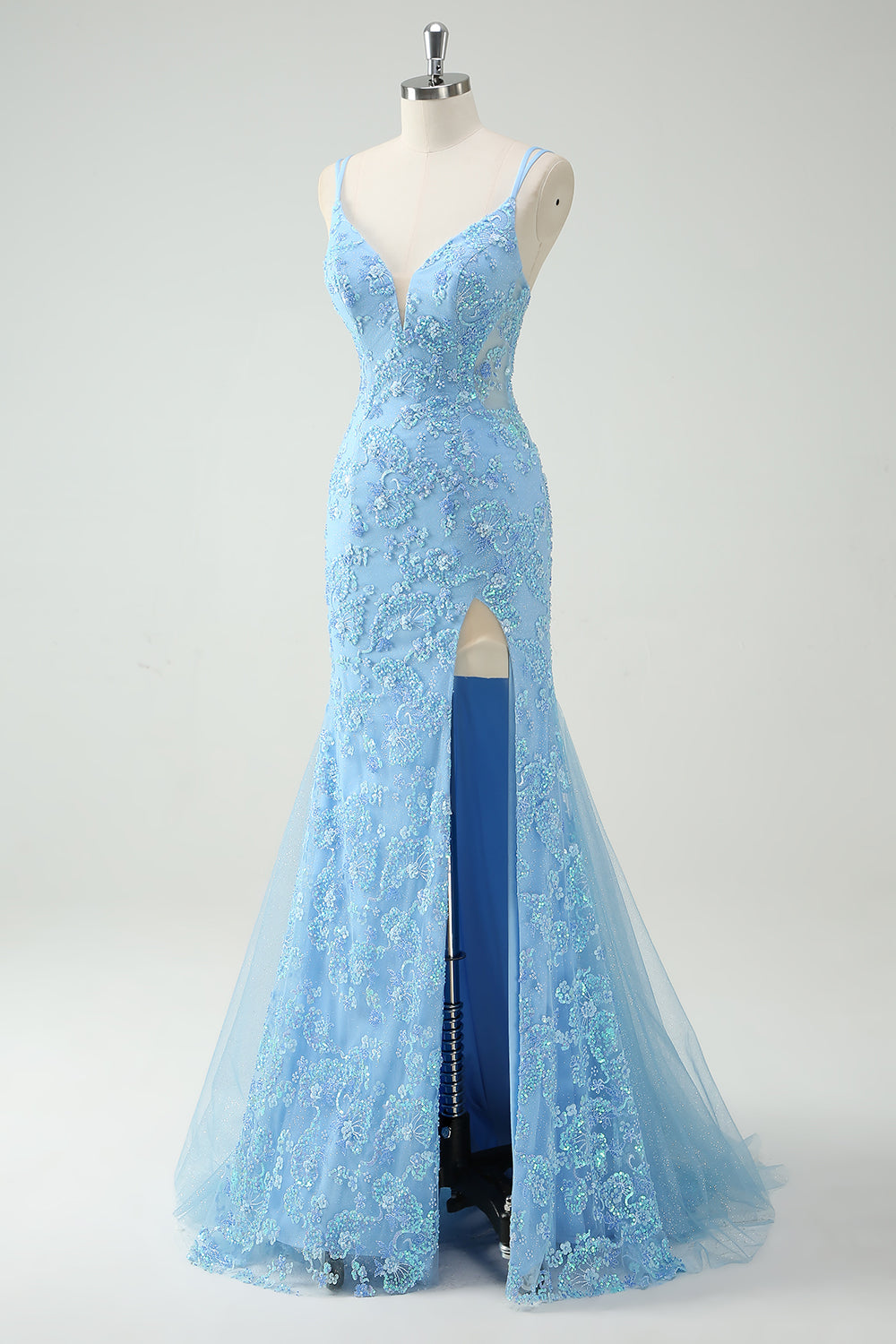 Sky Blue Mermaid Spaghetti Straps Appliqued Long Prom Dress with Slit