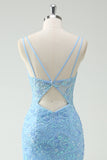 Sky Blue Mermaid Spaghetti Straps Appliqued Long Prom Dress with Slit