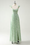 A Line Green Flower Ruffles Straps Long Corset Bridesmaid Dress with Split Front