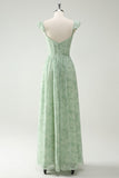 A Line Green Flower Ruffles Straps Long Corset Bridesmaid Dress with Split Front