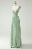 A Line Green Flower Ruffles Straps Long Corset Bridesmaid Dress with Split Front