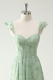 A Line Green Flower Ruffles Straps Long Corset Bridesmaid Dress with Split Front