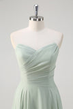 A-Line Matcha Ruched Sweetheart Chiffon Long Bridesmaid Dress