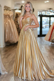 Chic Gold A Line  Deep-V  Satin Pleated Long Prom Dress