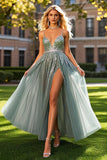 A Line Dusty Blue Beaded Tulle Long Prom Dress with Slit