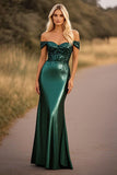 Dark Green Off The Shoulder Sequin Mermaid Ruched Prom Dress