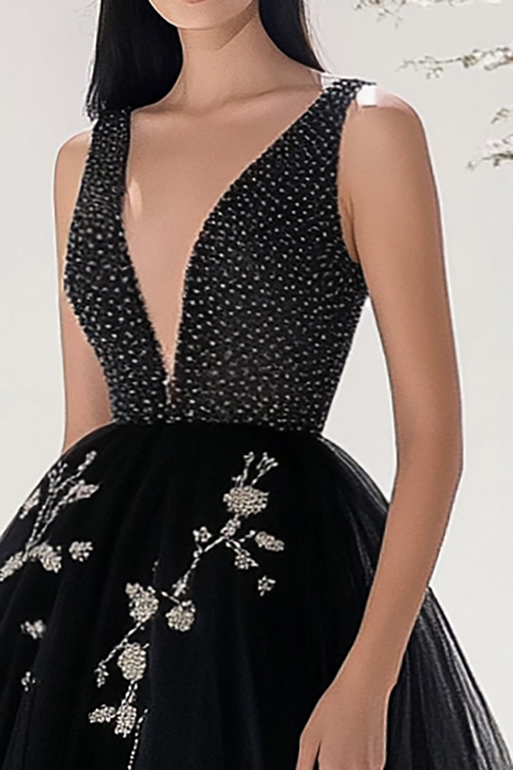 Black Tulle A Line Beaded V Neck Long Formal Dress