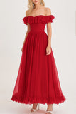 Off the Shoulder Pleated Ruffled A Line Red Long Formal Dress