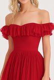 Off the Shoulder Pleated Ruffled A Line Red Long Formal Dress