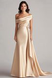 One Shoulder Pleated Champagne Sheath Long Formal Dress