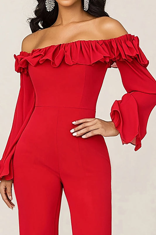 Red Ruffled Off the Shoulder Mother Of the Bride Jumpsuit with Long Sleeves