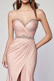 Blush Pleated Mermaid Strapless Beads Formal Dress with Slit