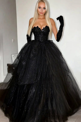 Sparkly Black Ball Gown Strapless Ruffles Tulle Long Prom Dress