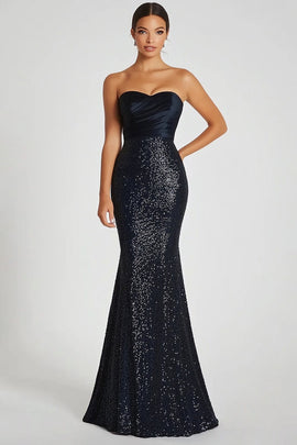 Sparkly Black Sequins Mermaid Strapless Long Military Ball Dress