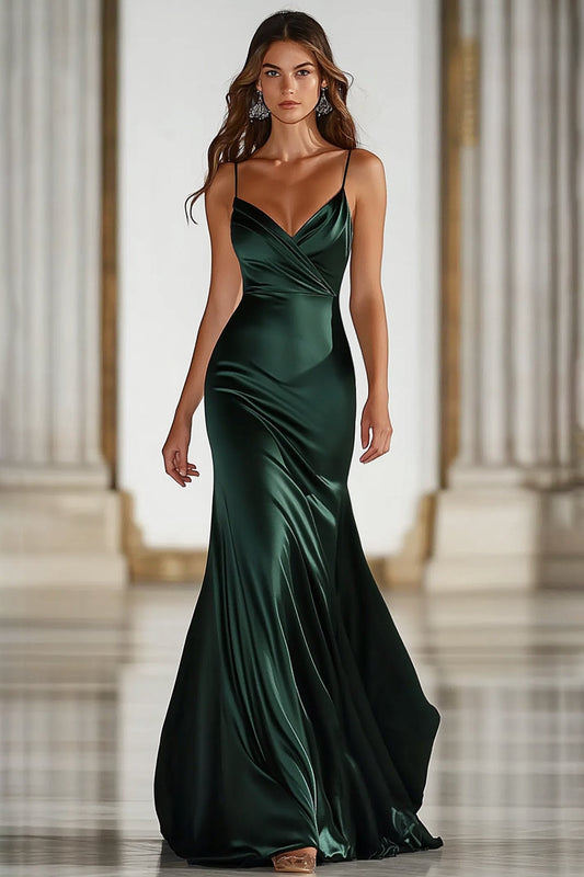 Dark Green Spaghetti Straps Mermaid Satin Long Military Ball Dress