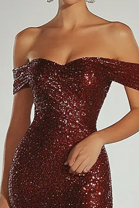 Sparkly Burgundy Off the Shoulder Sheath Gala Dress with Back Zipper