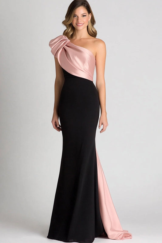 Elegant Black&Blush Ruched One Shoulder Sheath Satin Gala Dress