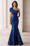 Dark Blue Mermaid Satin One Shoulder Military Ball Dress