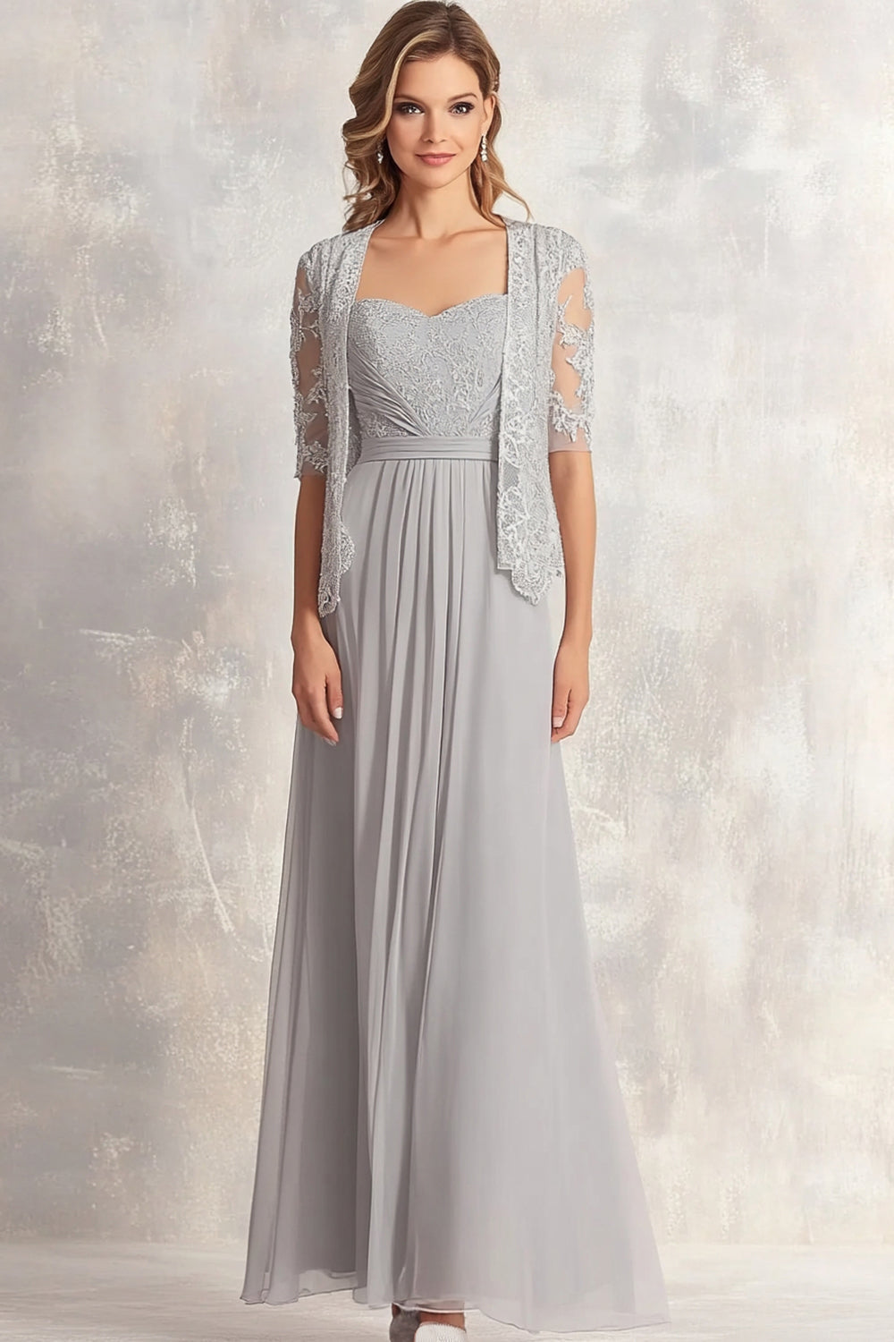 Silver Chiffon Lace Appliques Ruched 2-piece Square Neck A Line Mother of the Bride Dress