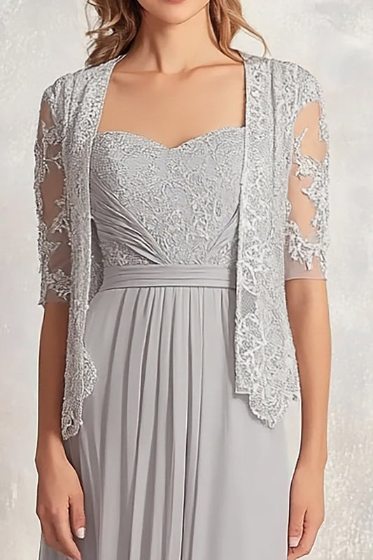 Silver Chiffon Lace Appliques Ruched 2-piece Square Neck A Line Mother of the Bride Dress