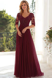 Elegant Burgundy  A Line V Neck Chiffon Long Mother Of the Bride Dress with Lace Appliques