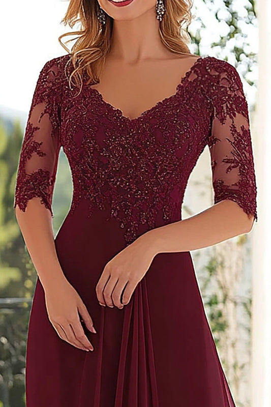 Elegant Burgundy  A Line V Neck Chiffon Long Mother Of the Bride Dress with Lace Appliques