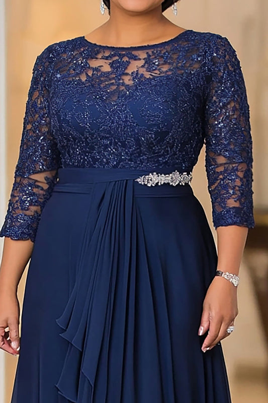 Elegant Navy A Line Boat Neck Chiffon Long Mother Of the Bride Dress with Lace Appliques